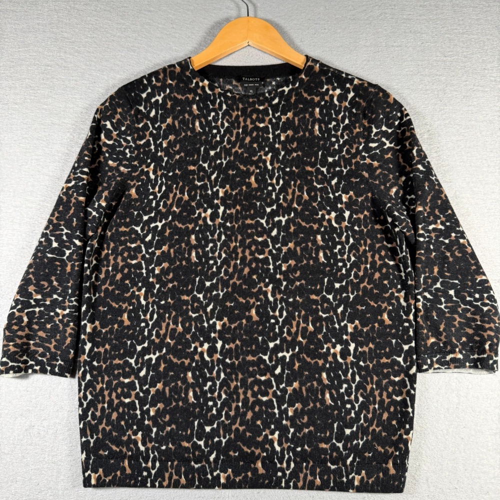 Talbots‎ Womens XL Leopard Print 100% Merino Wool 3/4 Sleeve Crewneck Sweater